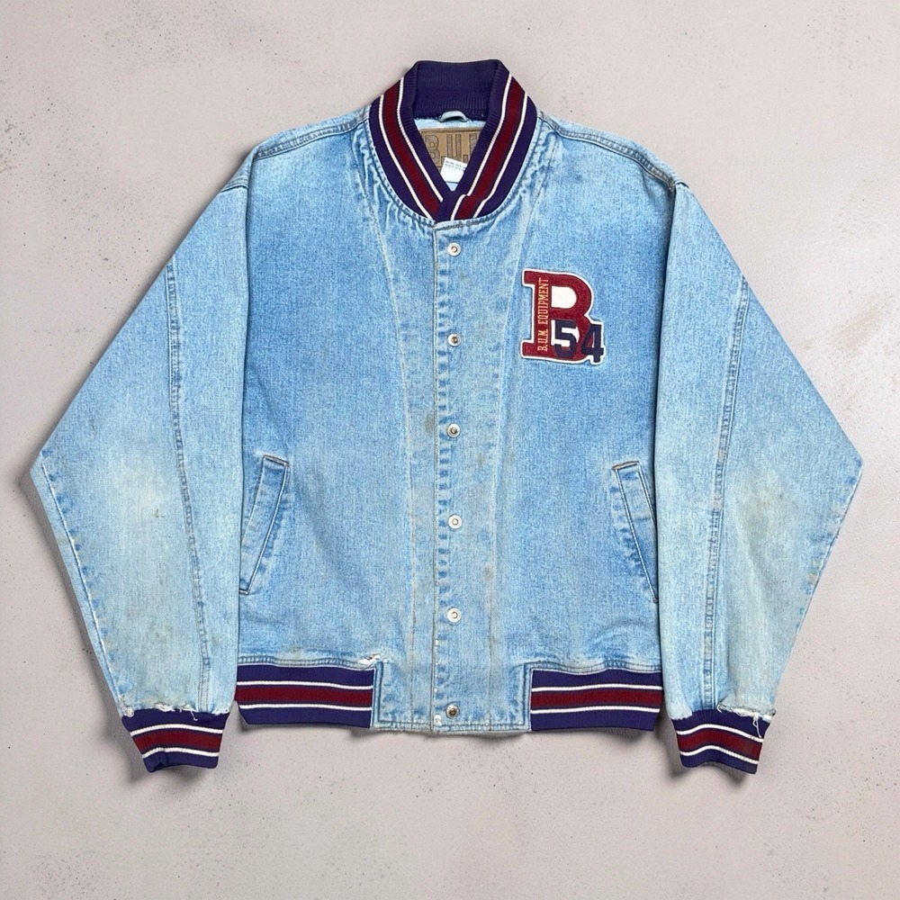 Vintage 90s BUM Equipment Mens M Blue Denim Varsity Jacket Embroidered